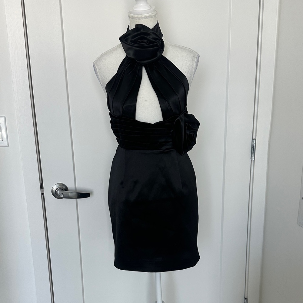 Mew Mews Black Halter Mini Dress with Rosette Detail